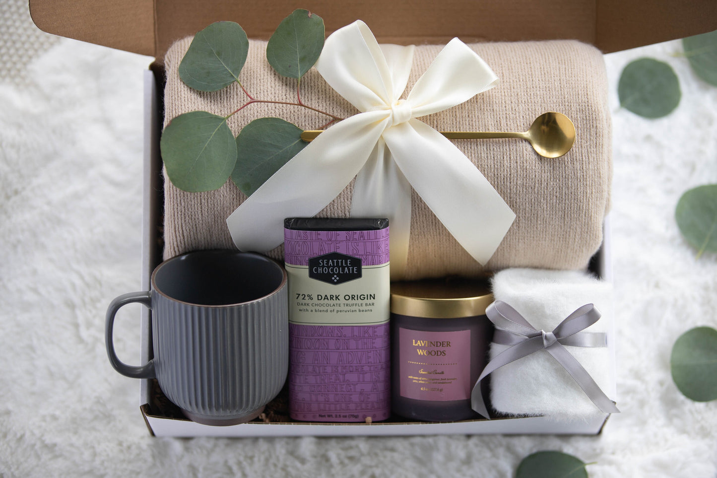 Best Gift for Women Cozy Coffee Lover Gift For her Fall Gift Box with Blanket & Socks | Care Package for Her Comfort Birthday Care Package