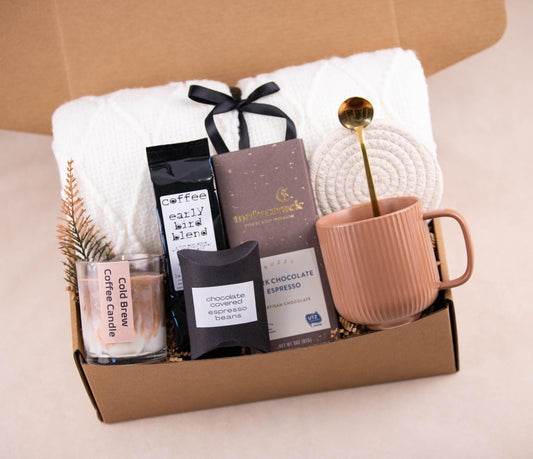 Best Gift for Women Cozy Coffee Lover Gift For her Fall Gift Box with Blanket & Socks | Care Package for Her Comfort Birthday Care Package